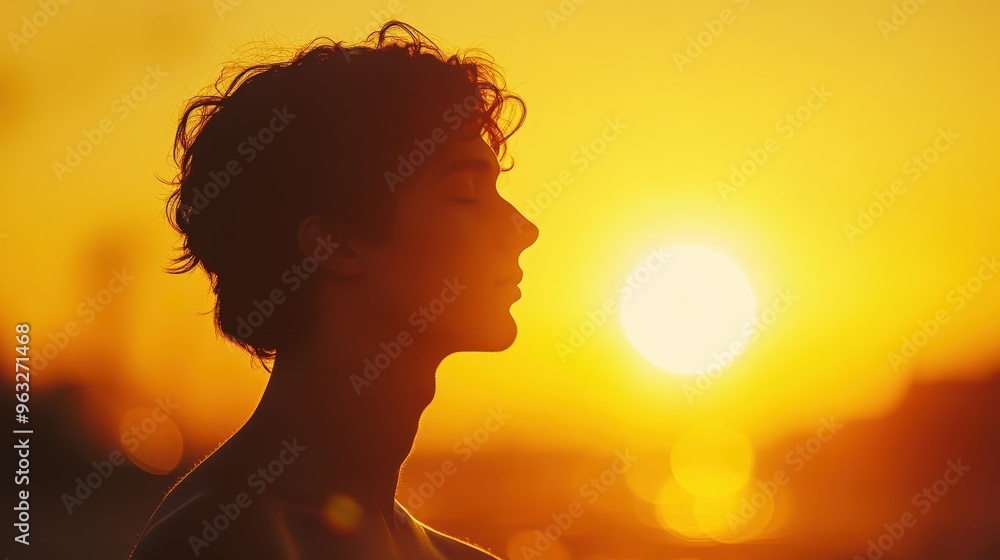 Tranquil Silhouette of Young Adult Meditating at Sunrise for Stress Relief. Double Exposure with Glowing Sun in Warm Golden Tones. Tranquil Silhouette of Young Adult Meditating at Sunrise for Stress Relief. Double Exposure with Glowing Sun in Warm Golden Tones.