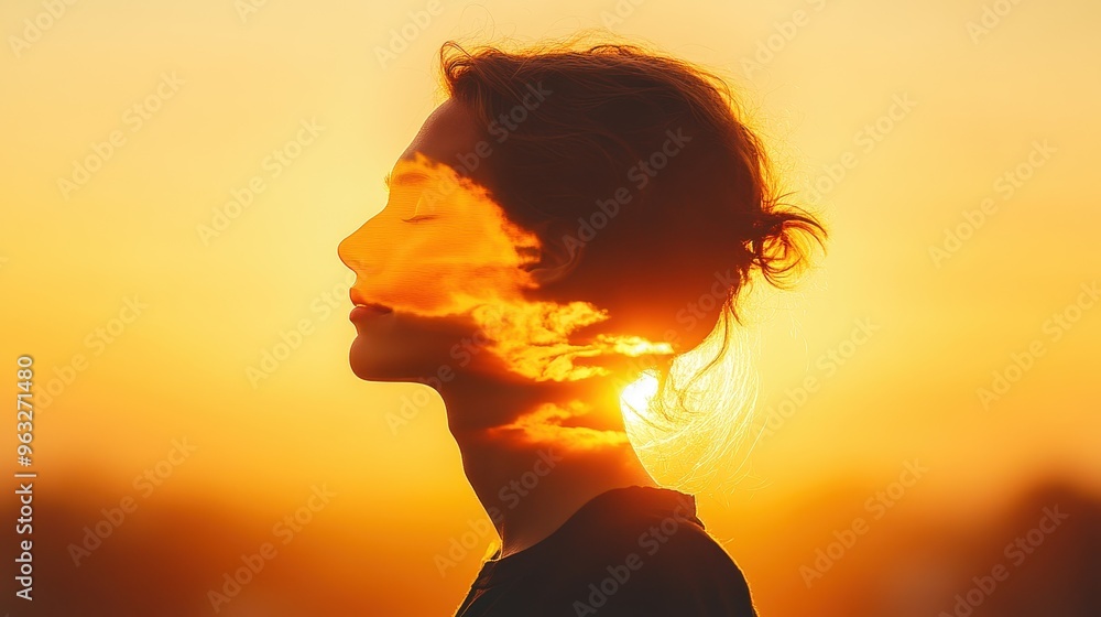 Serene Young Adult Meditating in Sunrise Silhouette for Stress Relief | Calm Meditation at Dawn with Glowing Sun Double Exposure Serene Young Adult Meditating in Sunrise Silhouette for Stress Relief | Calm Meditation at Dawn with Glowing Sun Double Exposure