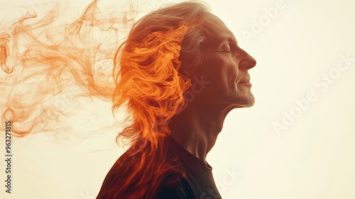 Serene Senior Man Practicing Yoga for Relaxation - Double Exposure Silhouette in Soft Tones with Copy Space
