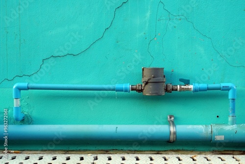 A water meter installed on the green cement wall for background and textured.