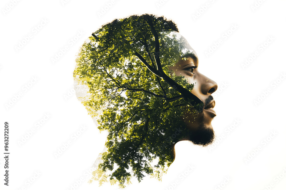 Double exposure portrait of a man with a lush green tree, symbolizing a deep connection with nature and environmental consciousness Double exposure portrait of a man with a lush green tree, symbolizing a deep connection with nature and environmental consciousness