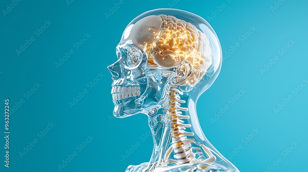 A transparent human skull reveals a glowing brain inside, a striking fusion of anatomy and illumination. A transparent human skull reveals a glowing brain inside, a striking fusion of anatomy and illumination.
