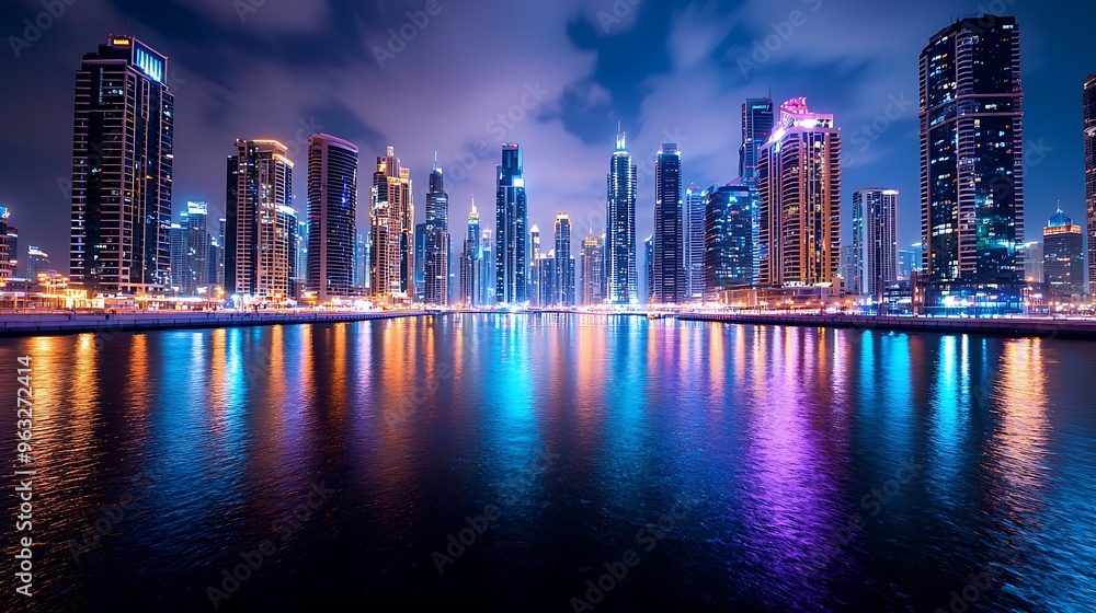 Naklejka premium Dubai�s skyline shines with modern architecture, beautifully mirrored in the night waters.