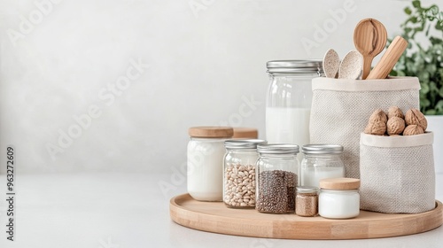 The kitchen features a wooden plate holding eco-friendly mesh bags filled with nuts, seeds, and legumes, along with glass jars of plant-based milk, reflecting a sustainable approach