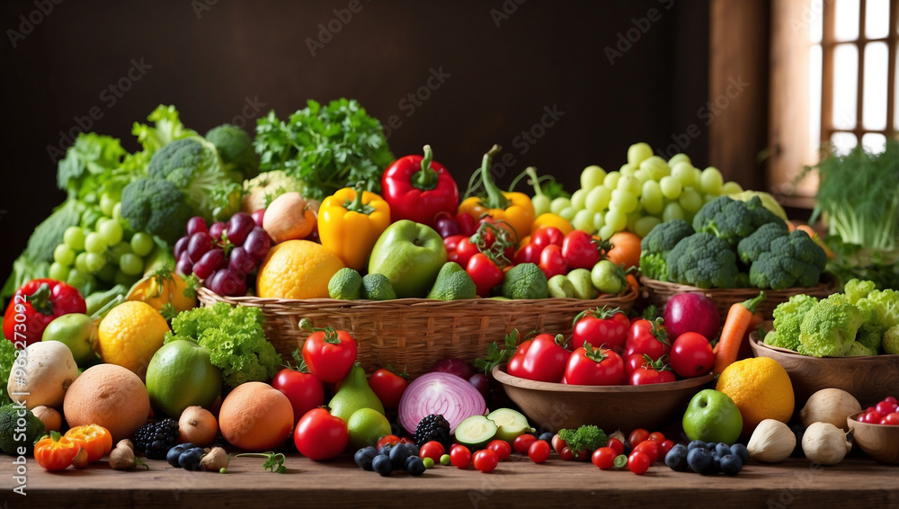 Table with Assorted Fresh Vegetables and Fruits Table with Assorted Fresh Vegetables and Fruits