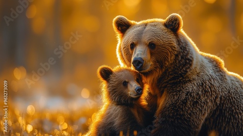 A powerful image of a mother bear and her cub, captured in a moment of tender affection, showcasing the unwavering bond between a mother and her offspring.