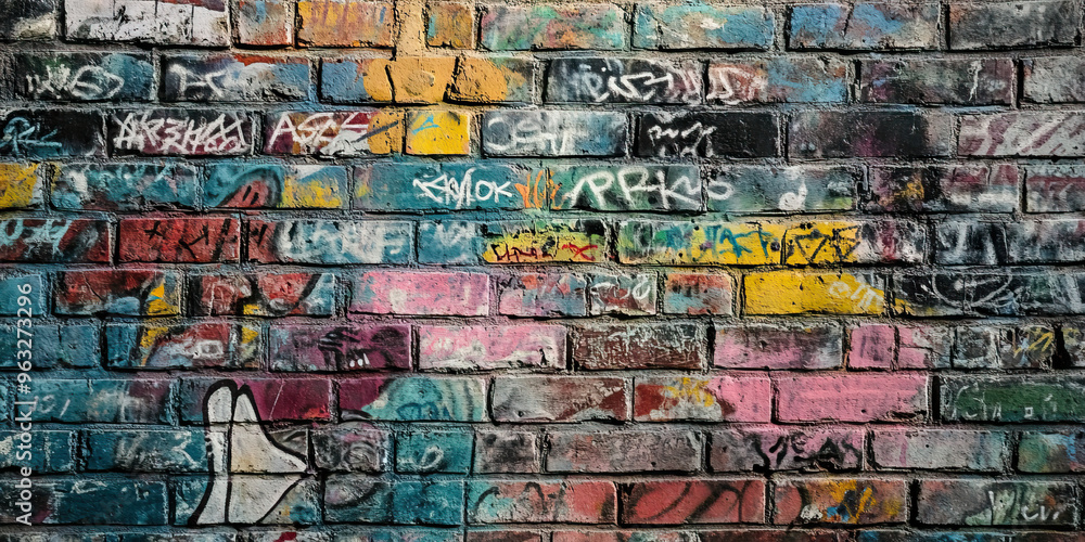 Naklejka premium Frantic Handwriting on the Wall: A graffiti-covered brick wall, featuring illegible scribbles and desperate messages.