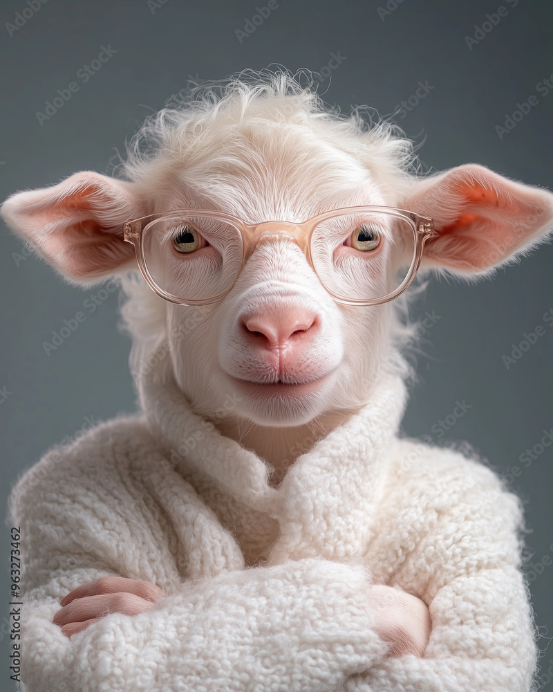 A stylish sheep wearing glasses and a cozy sweater A stylish sheep wearing glasses and a cozy sweater