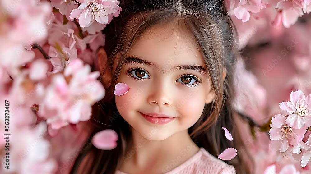 A sweet girl poses among pink flowers, capturing the essence of spring in her portrait. A sweet girl poses among pink flowers, capturing the essence of spring in her portrait.