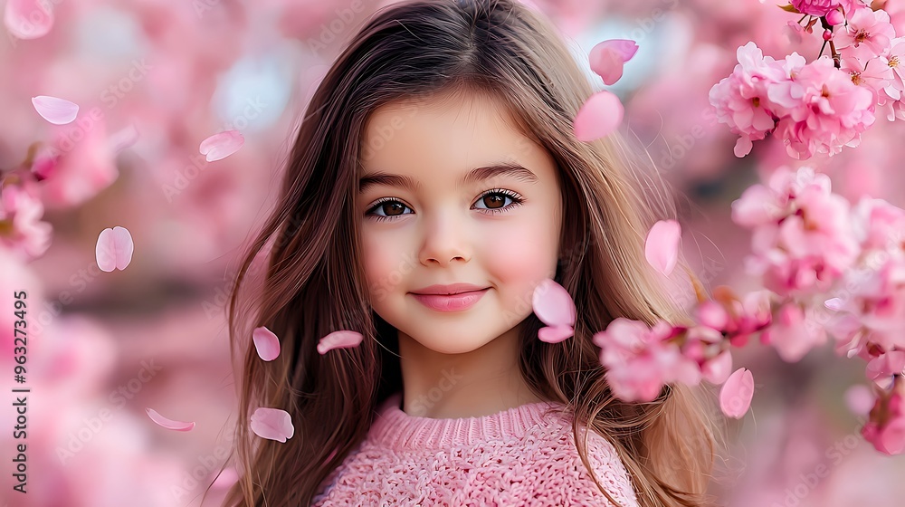 A little girl in a pink sweater smiles sweetly, surrounded by falling cherry blossom petals. A little girl in a pink sweater smiles sweetly, surrounded by falling cherry blossom petals.