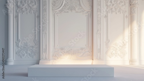 A sleek, white rectangular pedestal in front of a towering luxury white wall with intricate carvings and soft, warm lighting that emphasizes the minimalistic beauty of the scene.