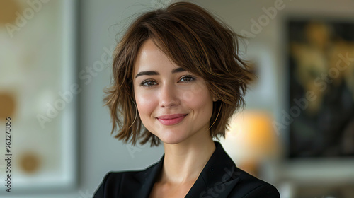Free Download Professional Woman brunette  Smiling Confidently in Modern Office Setting - GFXLoad