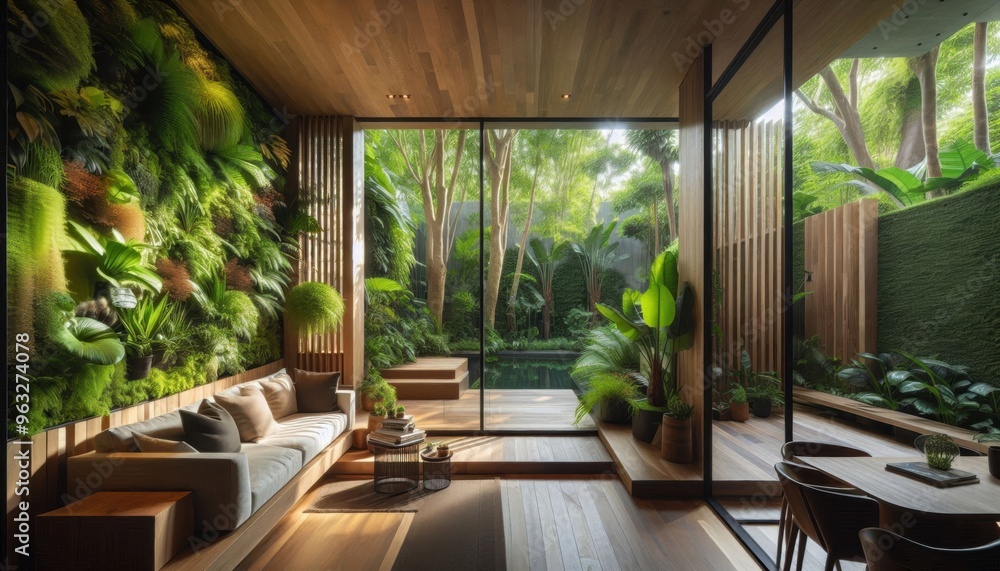 Fototapeta premium Contemporary Living Room with Abundant Green Plants, Vertical Garden Wall, and Cozy Wooden Furniture Creating a Tranquil Urban Oasis