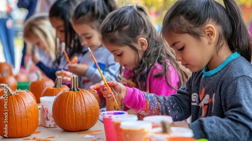 Children decorating pumpkins and leafs at a fall festival