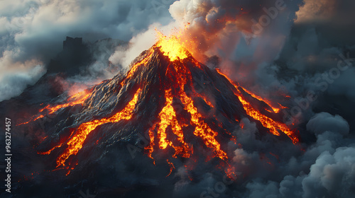 Generative ai on theme of erupting volcano with cascading hot lava surrounded thick white smoke. Volcanic. Illustration