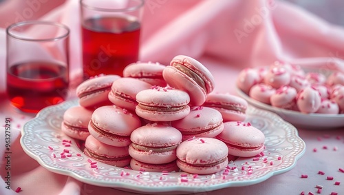 hite plate topped with lots of pink macaroons next to a glass of red liquid and sprinkle