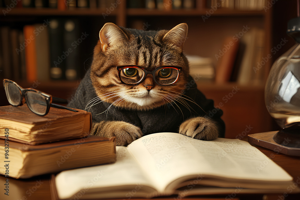 A tabby cat wearing glasses is reading a book on a table in a library. A tabby cat wearing glasses is reading a book on a table in a library.