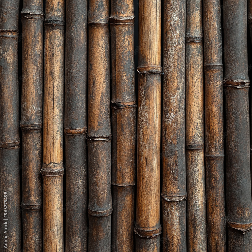 A close-up of an old, weathered bamboo fence with visible age and character A close-up of an old, weathered bamboo fence with visible age and character