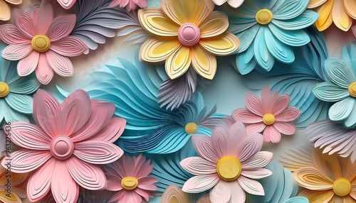 seamless pattern of 3D daisies floral pastel pink, yellow, and blue , paper quill pattern.