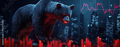 A powerful bear symbolizes market downturns, depicted with a city skyline and bearish graph, representing finance and trade struggles. photo