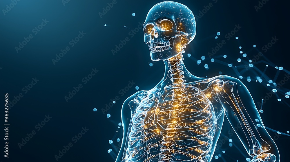A futuristic skeleton anatomy glows with particles, highlighting the intricate design of life. A futuristic skeleton anatomy glows with particles, highlighting the intricate design of life.
