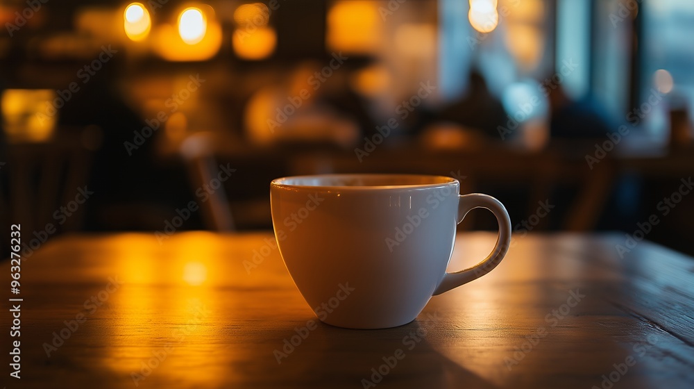 A white coffee cup on a wooden table lit by warm light. A white coffee cup on a wooden table lit by warm light.