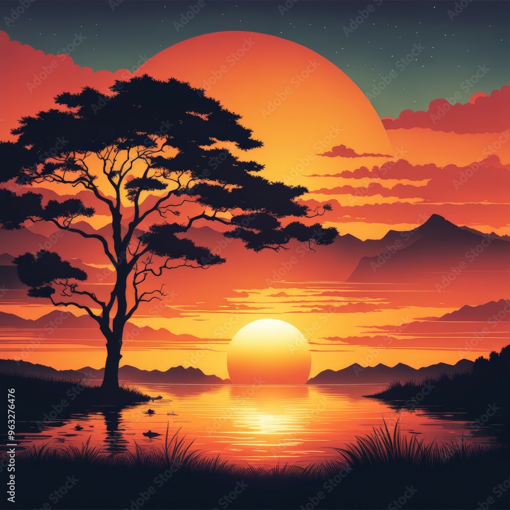 Illustration of a sunset in the mountains and trees foreground with beautiful sky. Illustration of a sunset in the mountains and trees foreground with beautiful sky.
