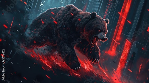 A fierce bear charges through a dark landscape, illuminated by striking red light, conveying power and intensity. photo