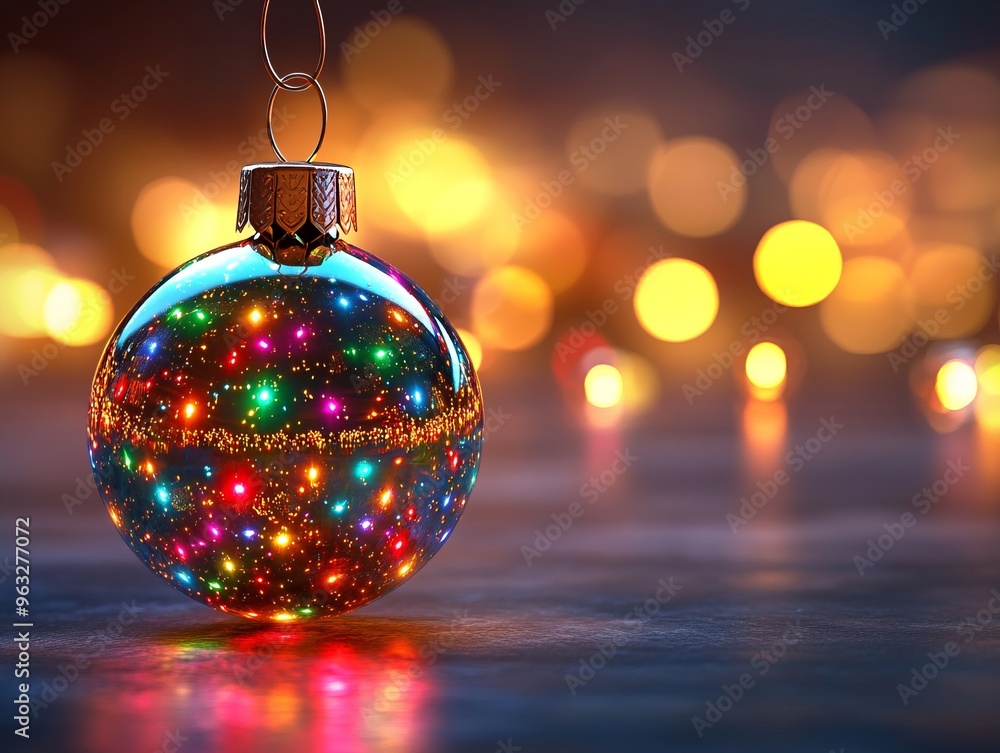 Fototapeta premium A colorful Christmas ornament reflecting festive lights.