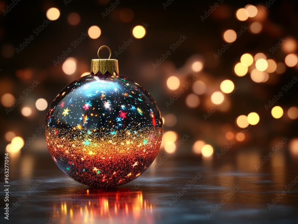 Obraz premium A colorful Christmas ornament with sparkling stars and a blurred festive background.