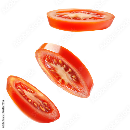 Fresh tomato slices in air isolated over transparent background, png ready cut-out