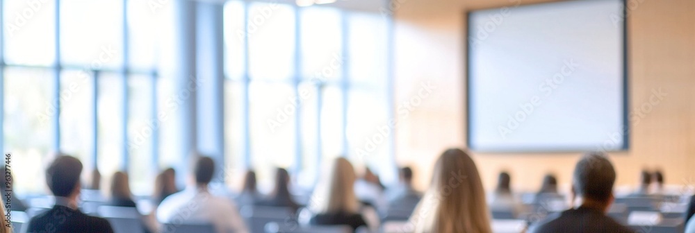 Blurred background of a crowded conference room or lecture hall with attendees facing forward towards a bright screen, symbolizing focus and learning. Blurred background of a crowded conference room or lecture hall with attendees facing forward towards a bright screen, symbolizing focus and learning.