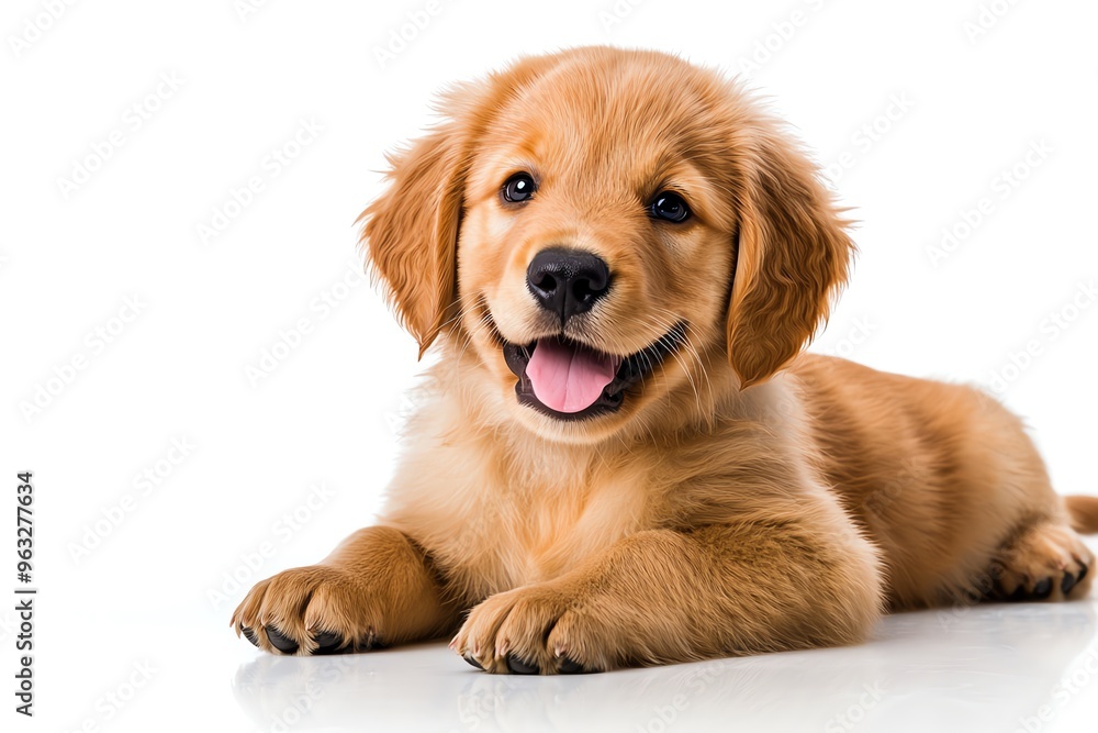 A cute golden retriever puppy resting on a white background, showcasing its playful personality and fluffy coat. A cute golden retriever puppy resting on a white background, showcasing its playful personality and fluffy coat.