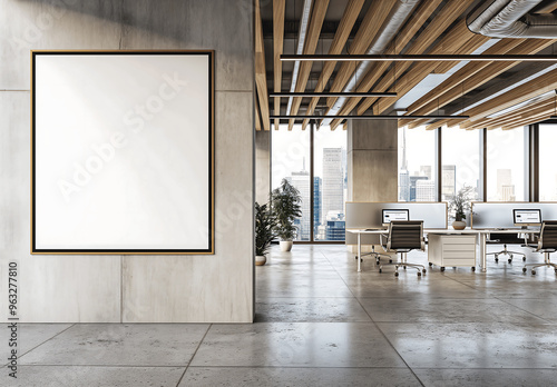 Modern office space with an empty mock-up poster frame on a concrete wall, open layout, and natural light, perfect for creating a professional and stylish work environment in an urban setting