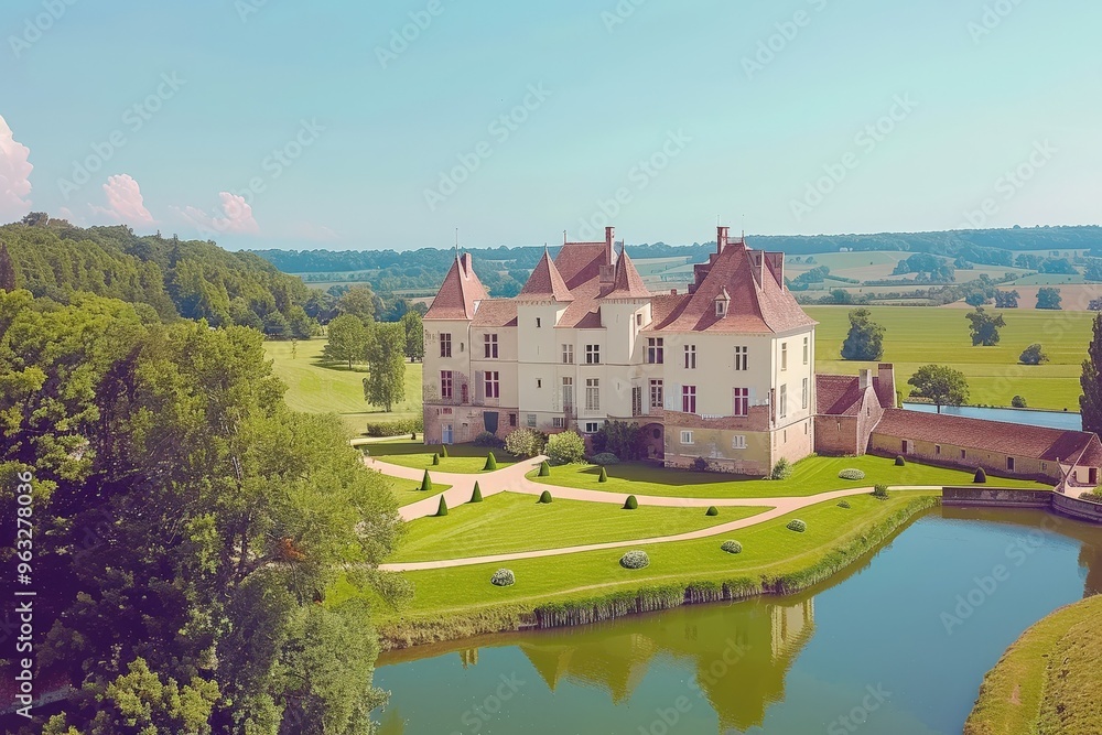 Naklejka premium Serene Church with Tall Steeple and Stained-Glass Windows Surrounded by Lush Greenery and Blue Sky in a Picturesque Setting. Beautiful simple AI generated image