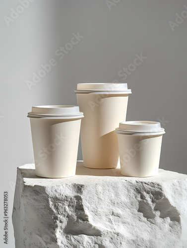 Product Photography, Commercial Photography, White Background, Two Large and One Small White Coffee Takeaway Cups