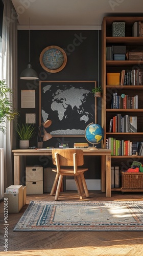 Cozy home office corner with world map chalkboard, wooden desk, and bookshelf, bathed in warm sunlight. Globe and plants add character to the studious space.