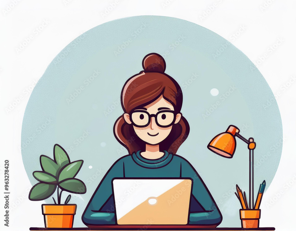 Young woman working from home on her laptop. She is wearing glasses, sitting at a desk with a plant and a lamp. Young woman working from home on her laptop. She is wearing glasses, sitting at a desk with a plant and a lamp.