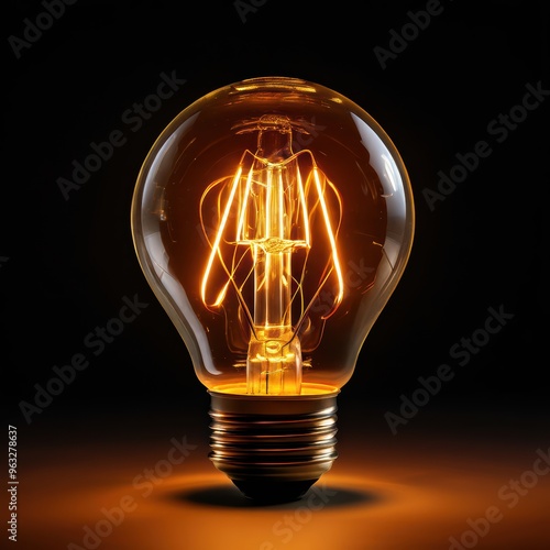 A glowing light bulb on a dark background representing energy, creativity, and innovation. photo