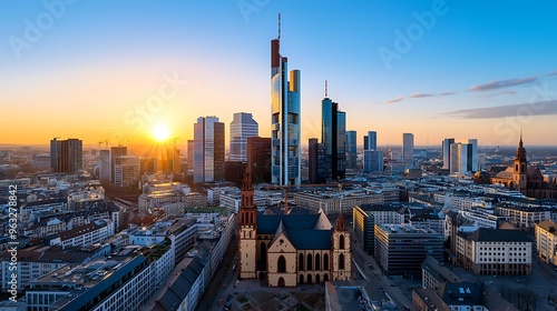 Frankfurt�s skyline glows at sunset, with skyscrapers and a church defining the cityscape. photo