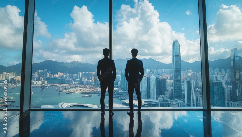 Business executives overlooking city skyline from high-rise office with harbor view Business executives overlooking city skyline from high-rise office with harbor view