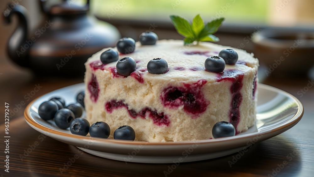 Japanese fluffy cake topped with blueberries on plate Japanese fluffy cake topped with blueberries on plate