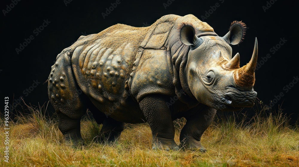 Fototapeta premium A detailed depiction of a rhinoceros in a natural setting.