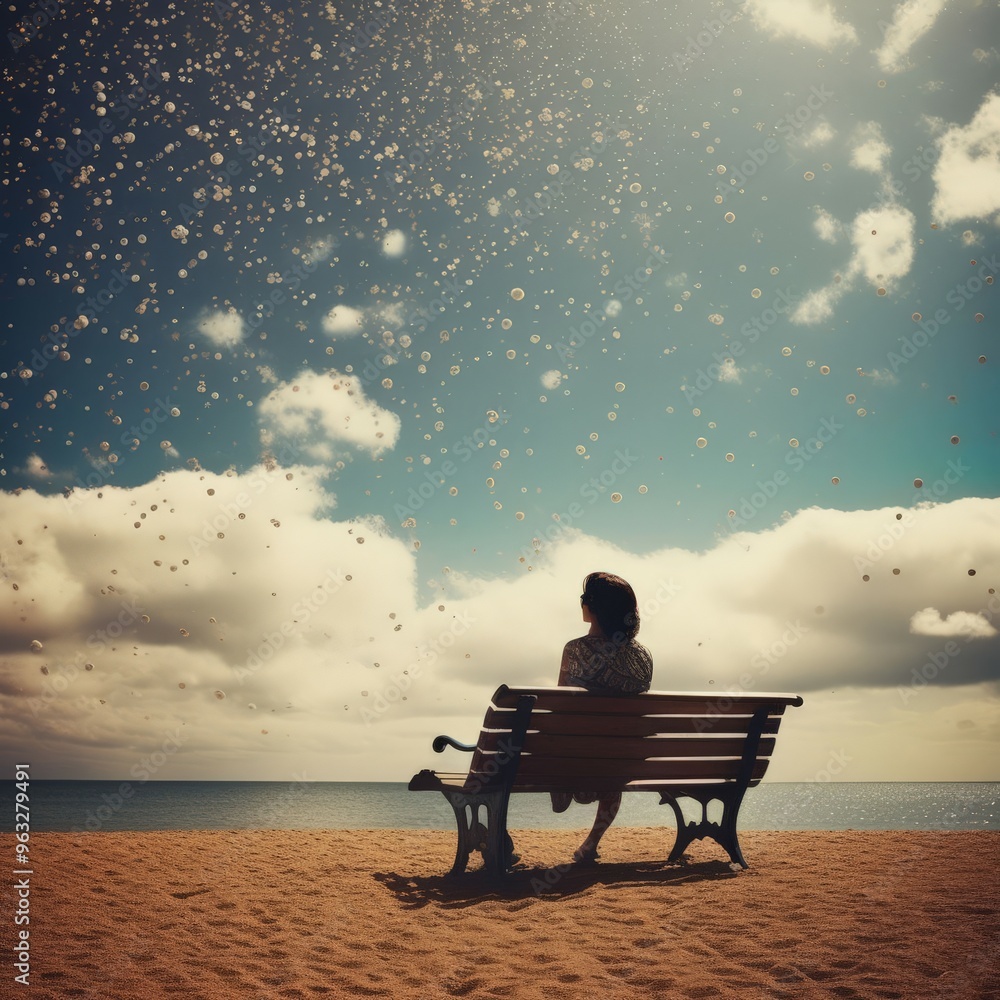 Young man sitting on bench in the sea Young man sitting on bench in the sea