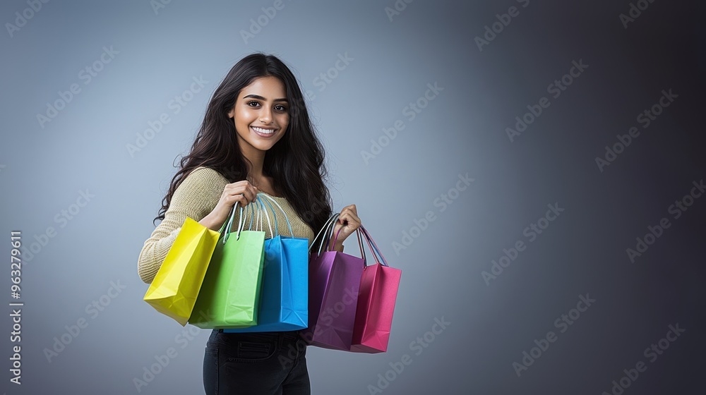 An Indian woman holding shopping bags against a grey background, showcasing recent purchases, interacting with retail items, customer needs An Indian woman holding shopping bags against a grey background, showcasing recent purchases, interacting with retail items, customer needs