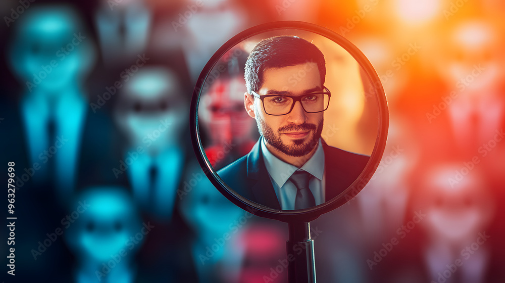© Vicky - magnifying glass focused on person business businessman formal suit cartoon professional business job candidate search headhunt headhunter human resources recruit candidate applicant seeker