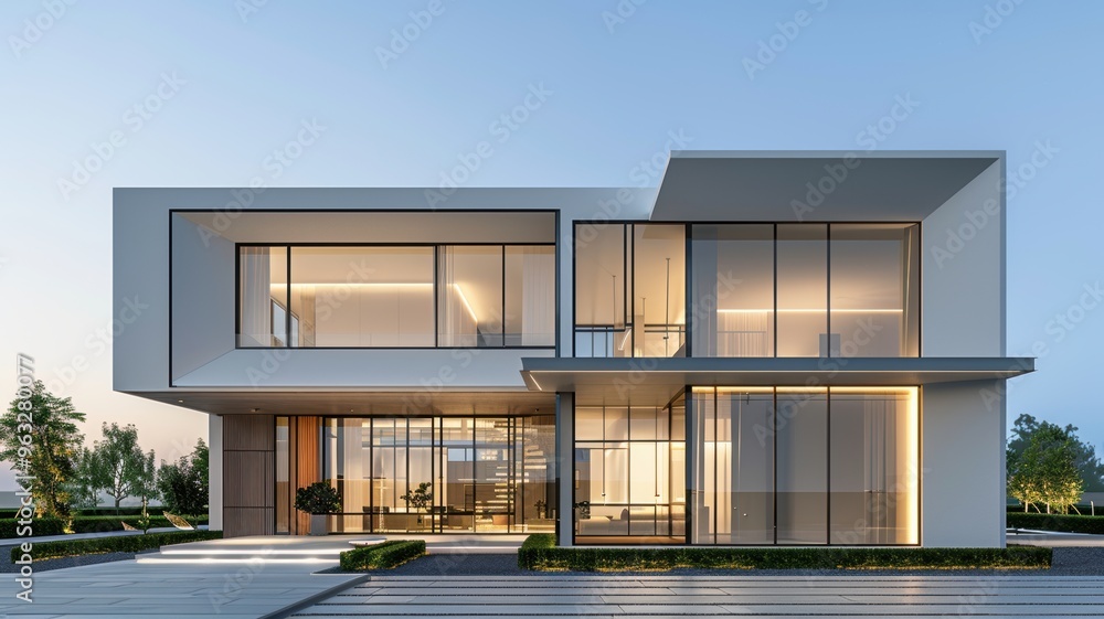Fototapeta premium Modern architectural design featuring sleek lines and large windows in a contemporary house with a serene landscape.