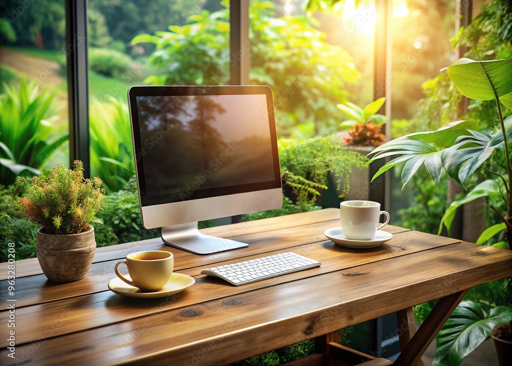 Rustic wooden desk with lush greenery and a modern computer surrounded by morning sunlight and a comforting aroma of freshly brewed coffee Rustic wooden desk with lush greenery and a modern computer surrounded by morning sunlight and a comforting aroma of freshly brewed coffee