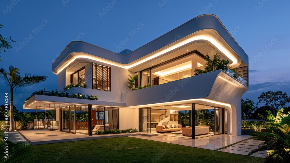 modern house illuminated at night, showcasing sleek design and elegant landscaping in a tranquil setting. modern house illuminated at night, showcasing sleek design and elegant landscaping in a tranquil setting.
