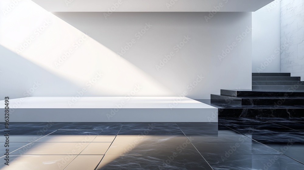A modern architectural interior with smooth white walls and a floating empty platform, set against a polished black stone floor, creating a luxurious setting for hair care treatments. A modern architectural interior with smooth white walls and a floating empty platform, set against a polished black stone floor, creating a luxurious setting for hair care treatments.